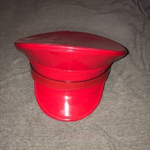 Red patent navy hat